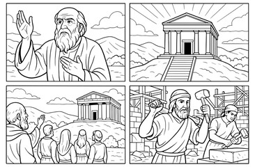 Scenes from biblical times in comic panel style for educational and spiritual content