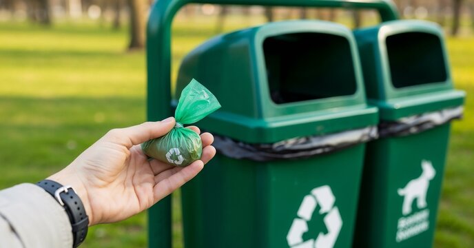 Eco-friendly dog poop bag near recycling bins &ndash; ecology concept