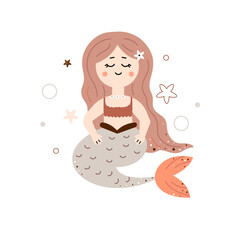 Cute mermaid girl. Fantasy underwater world. Vector illustration