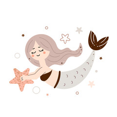 Cute mermaid with long hair and sea star. Marine theme. Vector illustration