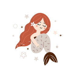 Cute mermaid with long hair and seashells. Marine theme. Vector illustration