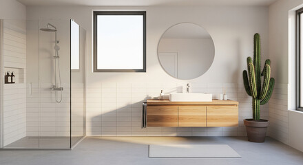 Minimalist Bathroom with Cactus, Wooden Vanity, and Large Round Mirror
A bright, modern minimalist bathroom interior featuring a light wooden floating vanity with a vessel sink, a large circular 
