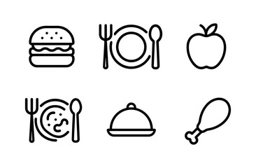 Plakat Minimalist linear food icons set featuring burgers, utensils, fruits, and dishes
