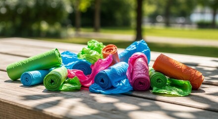 Colorful eco-friendly dog poop bags on wooden bench – ecology theme