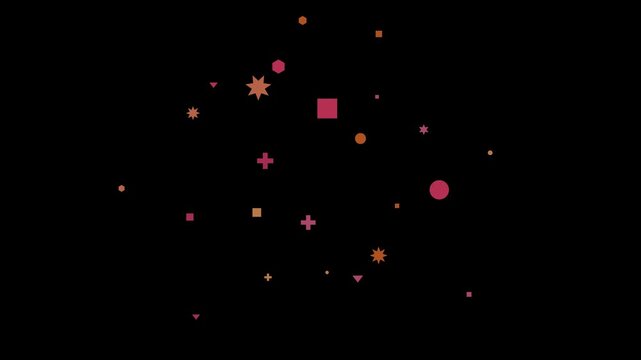 Scattered geometric shapes in warm colors on a black background
