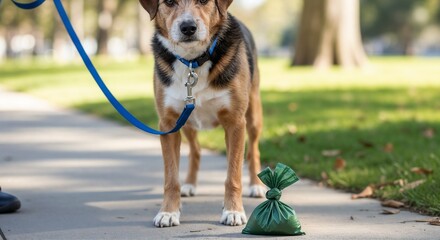 Dog on leash near green eco-friendly poop bag on sidewalk – ecology theme