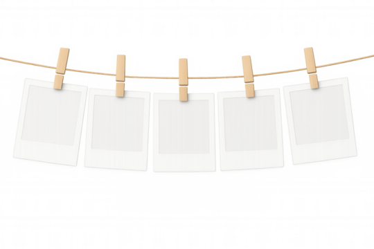 Blank instant film frames hanging on a clothesline with wooden clothespins, transparent background