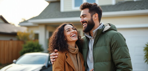 Joyful couple laughing near house. Man embraces woman. Newlyweds celebrate buying home, vehicle. Happy pair in front of new car. Real estate mortgage concept. Home sweet home dream come true.