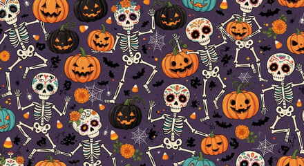 Funny Skeletons & Pumpkins Seamless Pattern – Cute Hand-Drawn Day of the Dead Fabric Design