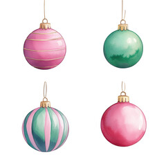 Obraz premium Watercolor Christmas ornaments in pink and green 