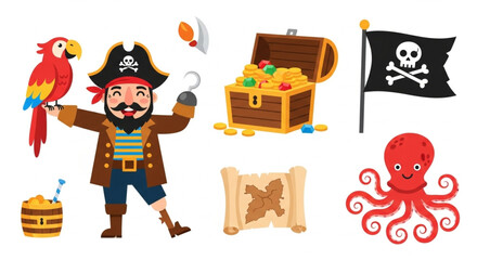 Pirate Illustration Set – Treasure Maps, Parrots, Skulls, and Chests for Adventure Projects
