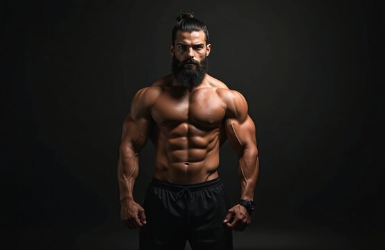 Strong muscular bodybuilder man with beard, man bun, poses in studio. Defined abs, chest, biceps. Male model shows fit physique against dark background. Healthy lifestyle, power, strength,