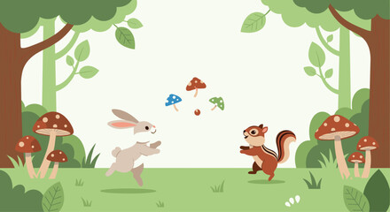 Naklejka premium A whimsical forest scene with a bunny and a chipmunk playing among colorful mushrooms and lush greenery.