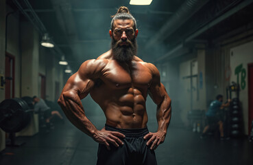 Muscular man with beard poses in gym. Serious athlete trains hard, builds body strength. Focused on fitness, power, and wellness in a fitness center.