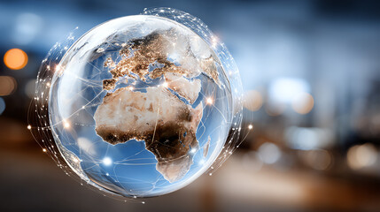 A detailed digital representation of the globe showing interconnected networks and illuminated continents against a blurred background.