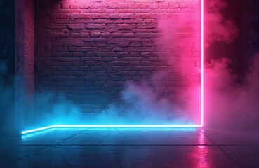 Abstract brick wall glows with bright blue, pink neon light. Smoke fills empty dark studio space. Futuristic scene for product promo, virtual event, tech ad, gaming background, cyberpunk party, music