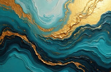 Fototapeta premium Abstract textured painting with waves of teal blue and gold foil. Fluid art style creates luxurious organic forms and rich visual depth for interior design applications.
