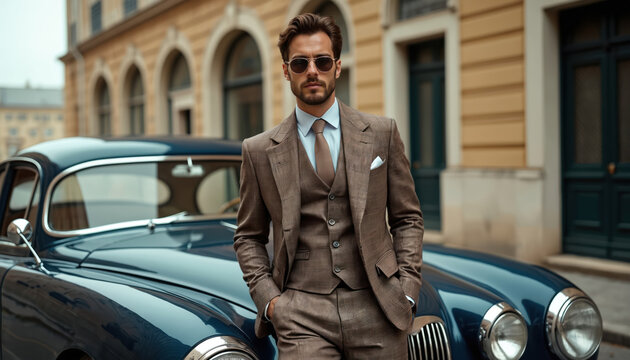 Man in brown suit leans on vintage blue car. He wears sunglasses, tie. Building in background suggests classic city street scene. Style is retro elegant, sophisticated, conveying luxury, aspiration.
