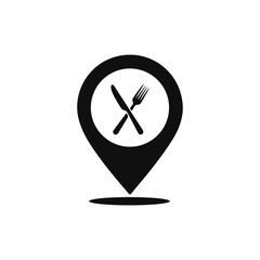 Fork and Knife Location Pin Icon Vector Illustration, Restaurant Map Marker Symbol Design, Dining Location GPS Pin Vector Icon, Food Place Location Pointer Flat Vector, Eatery or Cafe Map Marker,