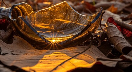 Broken glass bottle in forest, ecology problem in autumn