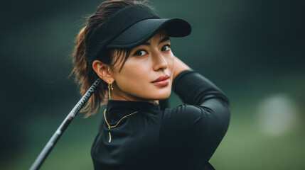 Focused woman golfer in mid swing wearing black visor and attire on lush green golf course