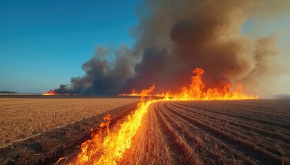 Field fire burning across harvested land under clear blue sky. Large flames engulf dry crops. Thick smoke rises into air. Rural landscape with burning farm field. Wildfire destroying harvested land.