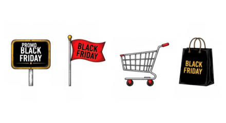 Black Friday shopping spree promotion with sign flag shopping cart and bag.