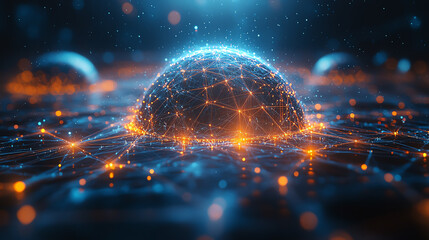 A futuristic digital landscape with glowing networks and interconnected nodes, portraying advanced technology and innovation.