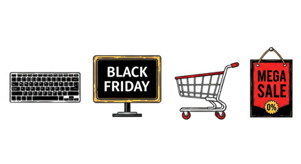 Black Friday Shopping Icons Keyboard Monitor Cart Sale Bag.