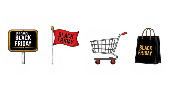 Black Friday shopping spree promotion with sign flag shopping cart and bag.