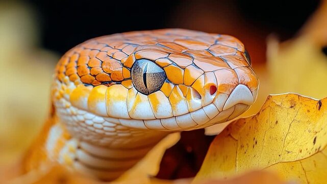 A striking snake reveals its vibrant colors and detailed patterns among fallen autumn leaves, highlighting nature's beauty, camera zooms in