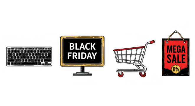 Black Friday Shopping Icons Keyboard Monitor Cart Sale Bag.