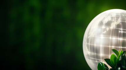 A glowing globe sits among green leaves, symbolizing sustainability and eco-friendliness in a vibrant natural setting.