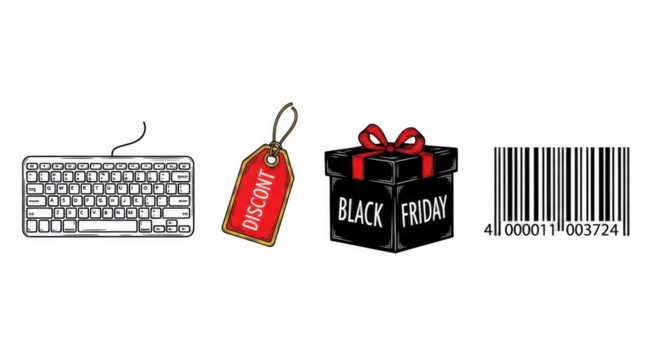 Black Friday shopping and discount sale items with barcode.