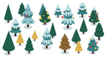 Festive isometric christmas trees collection with snow and ornaments