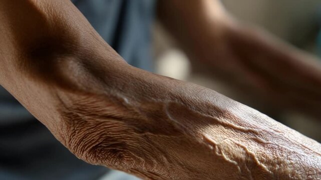 Close-up of a forearm with dry, wrinkled skin and prominent scar tissue, likely from a burn.