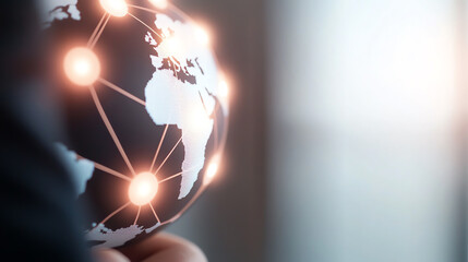 A hand holding a globe with illuminated connections representing global communication and technology integration.