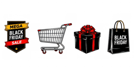 Black Friday shopping spree featuring sale badge shopping cart gift box and bag.