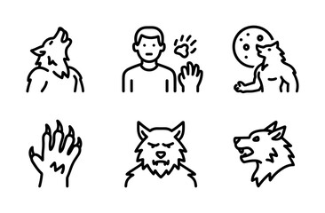 Fototapeta premium Linear werewolf icons set: howling, transformation, claws, full moon