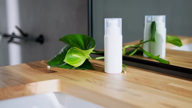 White pump bottle sits on a wooden vanity top next to a potted plant