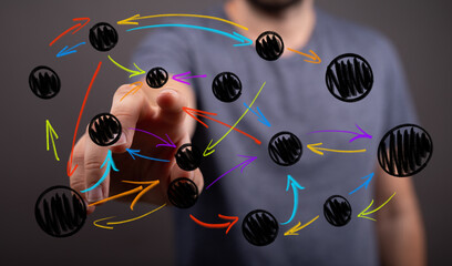Dynamic representation of global business network, data flow, and strategic connections. A hand interacts with an abstract digital system.