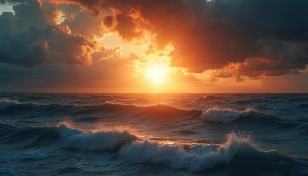 Golden sun descends over turbulent, stormy ocean. Massive waves crash violently, creating white foam, spray. Dramatic fiery orange clouds fill sky. Powerful marine landscape shows raw natural power,