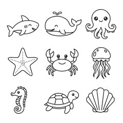A collection of adorable, hand-drawn cartoon sea creatures, including a shark, whale, octopus, starfish, crab, jellyfish, seahorse, turtle, and shell, all isolated on a clean white background for easy