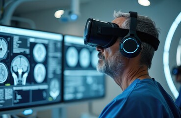 Older doctor with gray beard wears VR headset and headphones. He examines brain scans on monitors. Medical tech analyzes MRI images in futuristic lab. Innovative medicine.