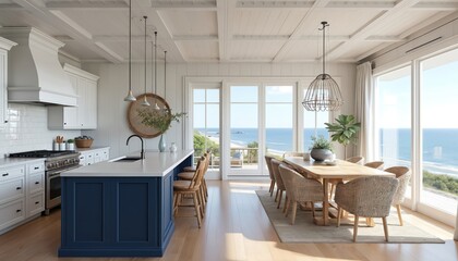 Modern kitchen and dining area with ocean view. White shiplap walls, navy island, wood table and chairs. Natural light fills room, creating airy coastal feel.