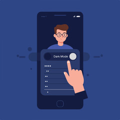 Person's finger touches "Dark Mode" toggle on a smartphone screen