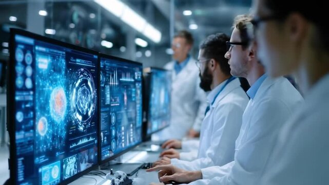 Researchers in lab coats study brain imaging scans displayed on multiple screens in a high-tech laboratory.