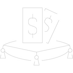 Outline Icon of Two Playing Cards Revealing Dollar Signs on a White Background with Dotted Decorative Elements Below