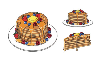 Vector Illustration of a Stack of Pancakes with Syrup and Berries