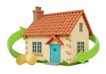 Isolated 3D rendering of house with money and green arrows, real estate return, property investment